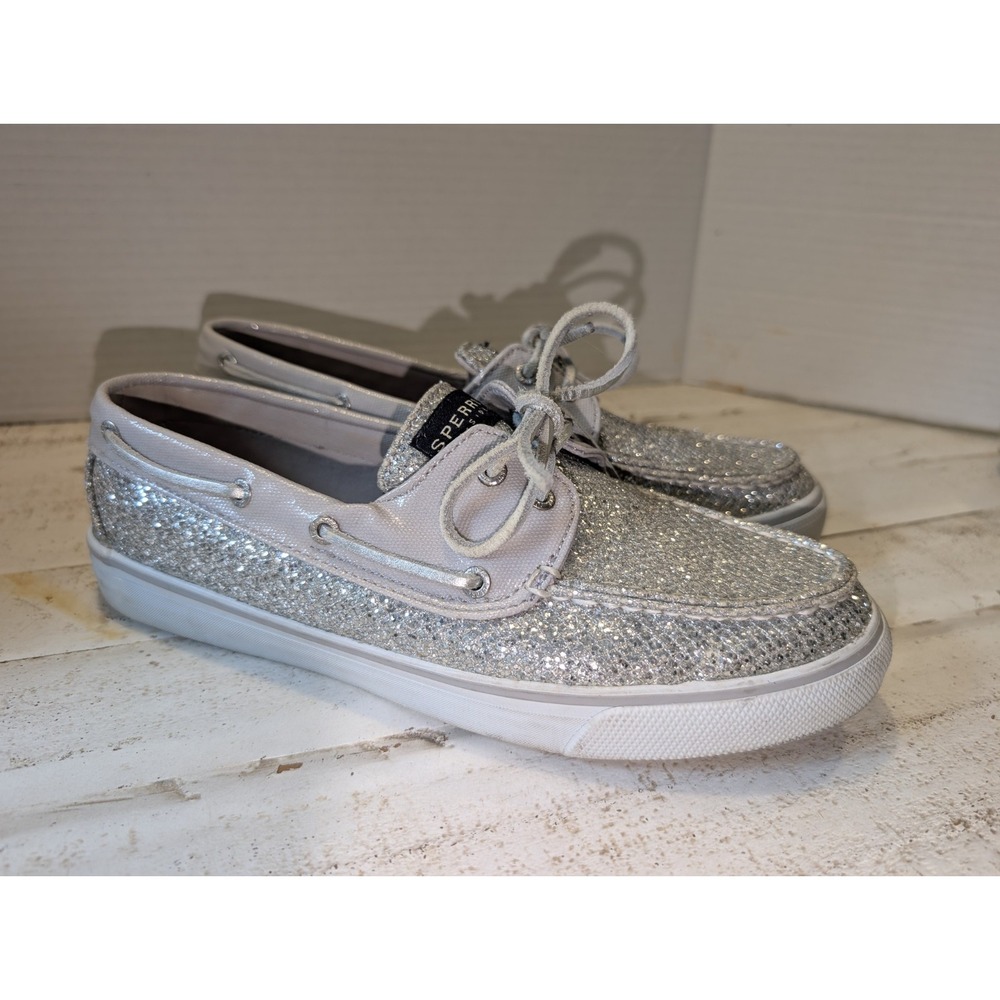 Sperry Top Sider Boat Shoes Glitter Silver Sequin Gray /White Sz 9 F12-CH171